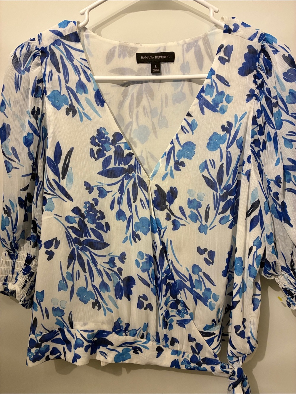 Banana Republic White and Blue Floral Wrap Blouse